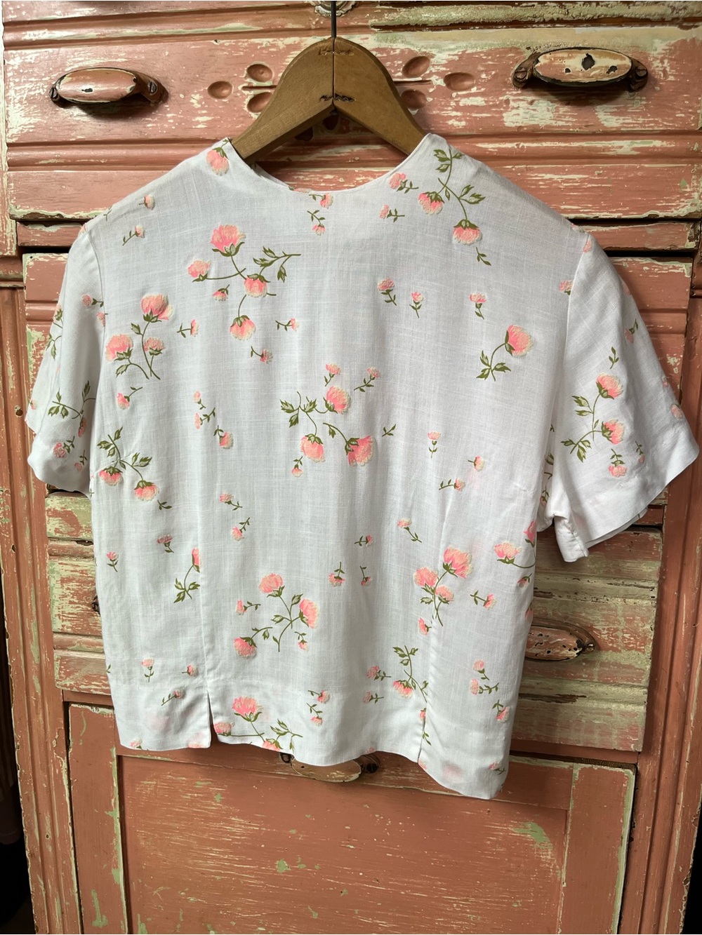 Vintage 1950s 50s Pink Rose Floral Cotton Cottagecore Crop Blouse Top S/M